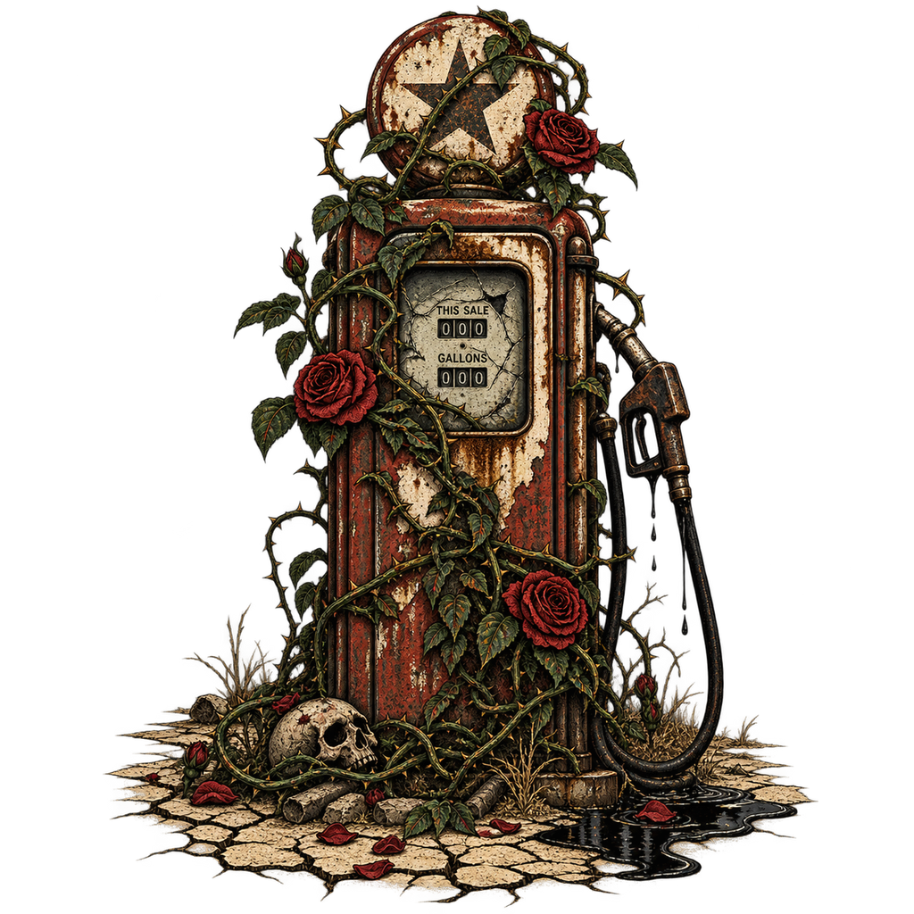 Vintage Gas Pump with Roses and Skull